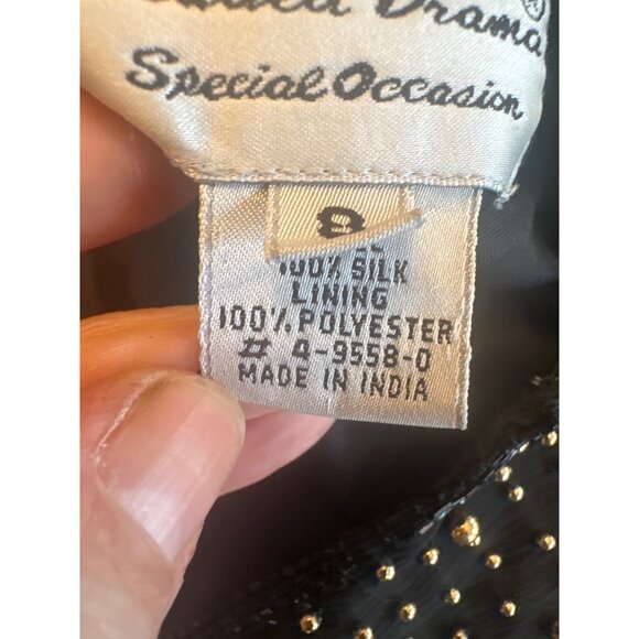 Beaded Drama Black Dress Lined V-Back Long Sleeves Beaded Embellishment Size 8 - Picture 5 of 5